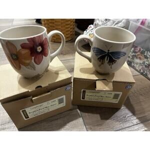2 Longaberger Botanical Field Mugs Butterfly Flowers Pottery Coffee Tea Cups NEW